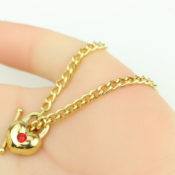 Gold Plated Heart Pendant Necklace With Red Stone Charm, XPNL0380 - Picture 3 of 12